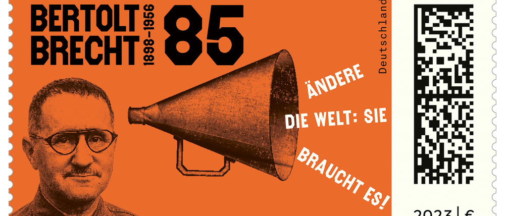 Hört, was durch dieses Megafon ertönt. Gedenkmarke der Deutschen Bundespost zum 125. Geburtstag von Bertolt Brecht.