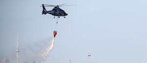Ein Hubschrauber der Bundespolizei wirft im August 2022 Wasser über der Brandstelle im Grunewald ab. 