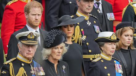 König Charles III. (unten von links), Camilla, Prinzessin Anne, Prinzessin Beatrice, sowie Prinz Harry (obere Reihe von links) und Meghan.