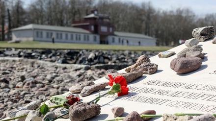 Vor dem Wachgebäude des ehemaligen KZ Buchenwald liegen Steine und Blumen auf einer Gedenktafel.