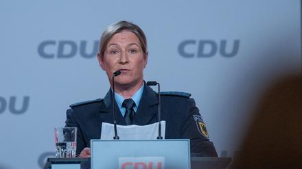 Claudia Pechstein, Olympiasiegerin im Eissschnelllauf, spricht beim CDU-Grundsatzkonvent.  