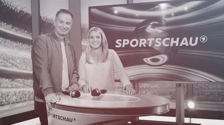 Die Moderatoren Claus Lufen und Nia Künzer im „Sportschau“-Studio.