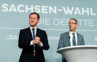 Spitzenkandidaten Michael Kretschmer (CDU, links), Jörg Urban (AfD) vergangene Woche bei einer Podiumsdiskussion zur Landtagswahl in Dresden.
