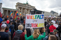 Eine Frau mit einem Transparent "Vielfalt für Deutschland" mit zahlreichen anderen Menschen am Brandenburger Tor in Berlin.