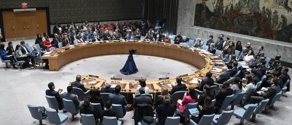 Mitglieder des Sicherheitsrats der Vereinten Nationen applaudieren nach einer Abstimmung.