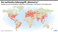 Hacker legten seit Freitag mit einer Schadsoftware namens "WannaCry" weltweit Computer lahm und blockierten zahllose Unternehmen und Behörden - nach Angaben von Europol gibt es mehr als 200.000 Ziele. Grafik: Weltkarte mit Verbreitung der Attacke. / AFP / Thorsten EBERDING