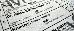 Die Direktkandidatin der AfD in Steglitz-Zehlendorf, Birgit Malsack-Winkemann, ist eine Terrorverdächtige: Muster des Wahlzettels für die Wiederholungswahl zum Bundestag am 11. Februar 2014.