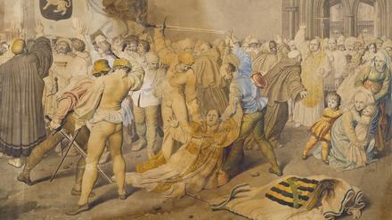 Der in Berlin geborene Künstler Franz Ludwig Catel malte 1806 dieses Aquarell, das die Ermordung des Probstes Nikolaus von Bernau vor der Marienkirche 1324 zeigt.