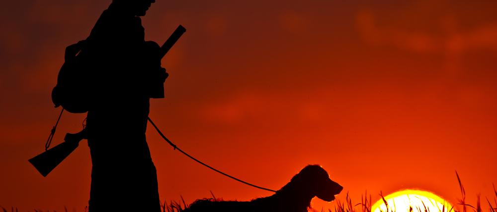 Ein Jäger steht mit seinem Hund im Sonnenuntergang auf einem Feld im ostbrandenburgischen Alt Madlitz (Brandenburg).