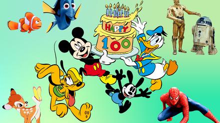 Ein Disney-Wimmelbild mit Mickey Mouse, Donald Duck, Pluto, Bambi, Dory, C-3PO und Spider-Man.