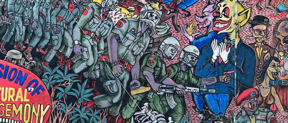 Ausschnitt aus dem wegen antisemitischer Motive umstrittenen Großgemälde „People’s Justice“ des indonesischen Künstlerkollektivs Taring Padi bei der documenta fifteen