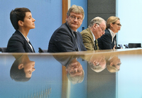 Frauke Petry, hier im August 2017 noch Bundesvorsitzende der AfD, neben Jörg Meuthen, Alexander Gauland und Alice Weidel.
