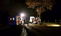 Rettungskräfte stehen am Donnerstag an einer Unfallstelle bei Langen (Niedersachsen), an der ein Rettungswagen gegen einen Straßenbaum geprallt ist.