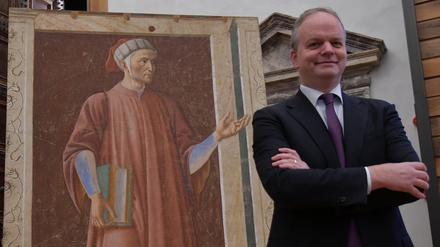 Eike Schmidt director of Uffizi Gallery during the presentation of the restoration of the portrait of Dante Alighieri by Andrea del Castagno ,Florence, ITALY-18-03-2021.