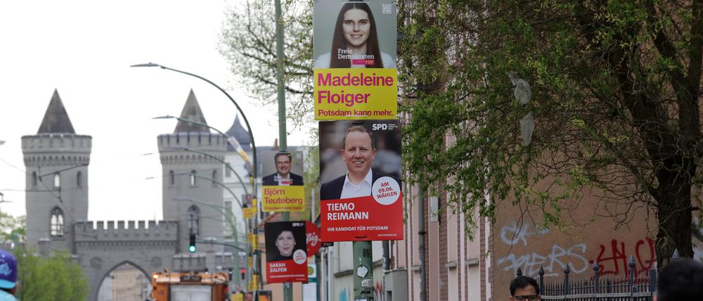 Erste Wahlplakate in der Friedrich-Ebert-Straße für die Wahl der Stadtverordnetenversammlung am 9. Juni 2024 in Potsdam