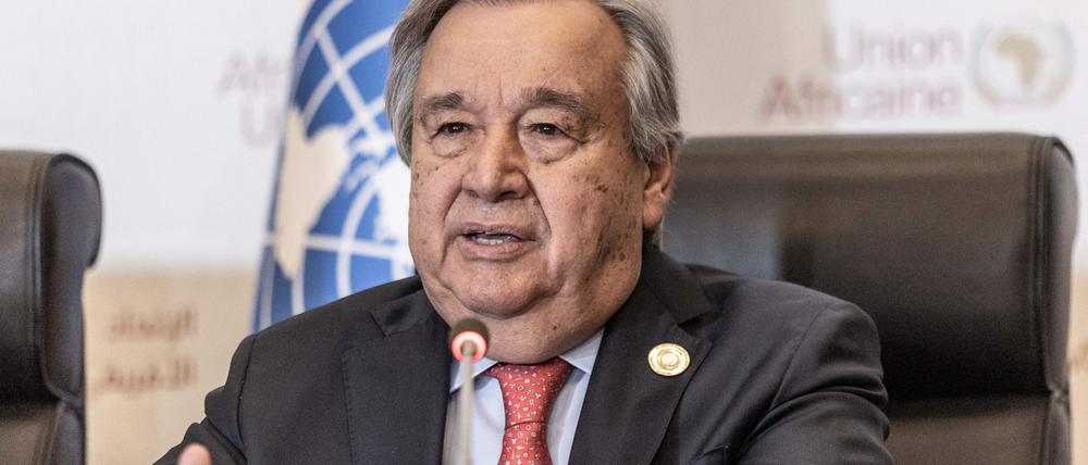 United Nation's Secretary-General Antonio Guterres speaks during a press conference after the end of the 36th Ordinary Session of the Assembly of the African Union (AU) at the Africa Union headquarters in Addis Ababa on February 18, 2023. (Photo by Amanuel Sileshi / AFP)