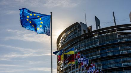 Die Flaggen der Europäischen Union, der Ukraine und der Mitgliedsstaaten der EU wehen vor dem Gebäude des Europäischen Parlaments in Straßburg. Das EU-Parlament stimmt am 17. Januar über Greenwashing und Urheberrechte auf Streaming-Markt ab. 
