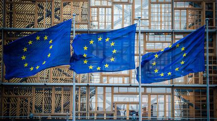 25.06.2019, Belgien, Brüssel: Flaggen der Europäischen Union wehen im Wind vor dem Europa-Gebäude. 