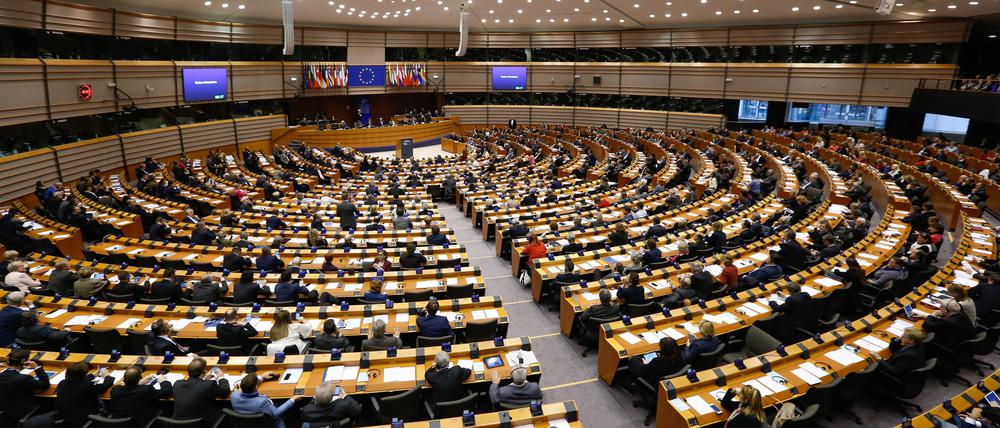 Blick in das Europaparlament in Brüssel (Belgien) während einer Plenartagung.