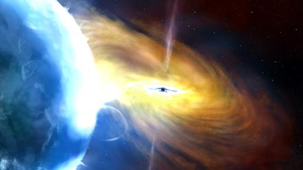 Die Illustration zeigt eine künstlerische Darstellung der gravitationsbedingten Massenzunahme durch Aufsammeln von Materie eines Schwarzen Lochs. 