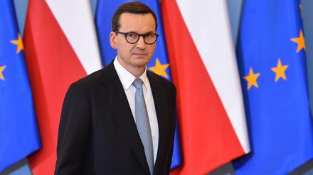 Mateusz Morawiecki, Ministerpräsident von Polen, kommt zu einer Pressekonferenz in der Kanzlei des Ministerpräsidenten. 
