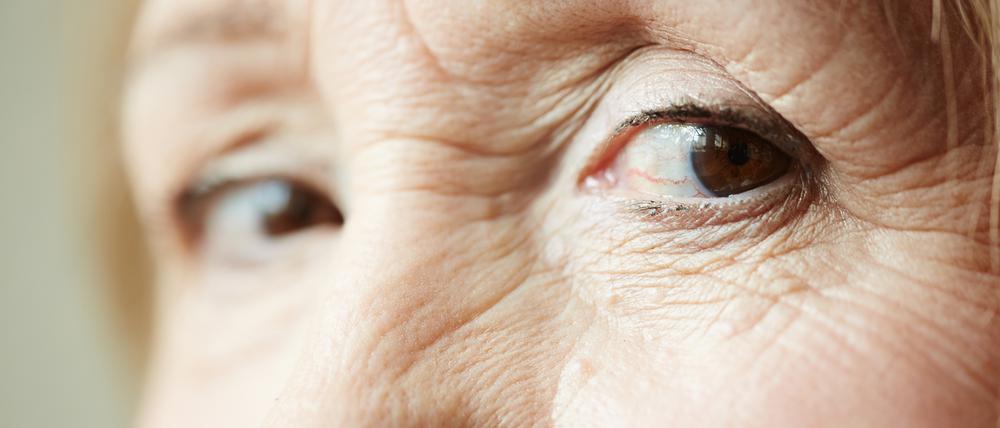 Extreme close-up shot of deep dark brown eyes with wrinkles around them looking at camera.
