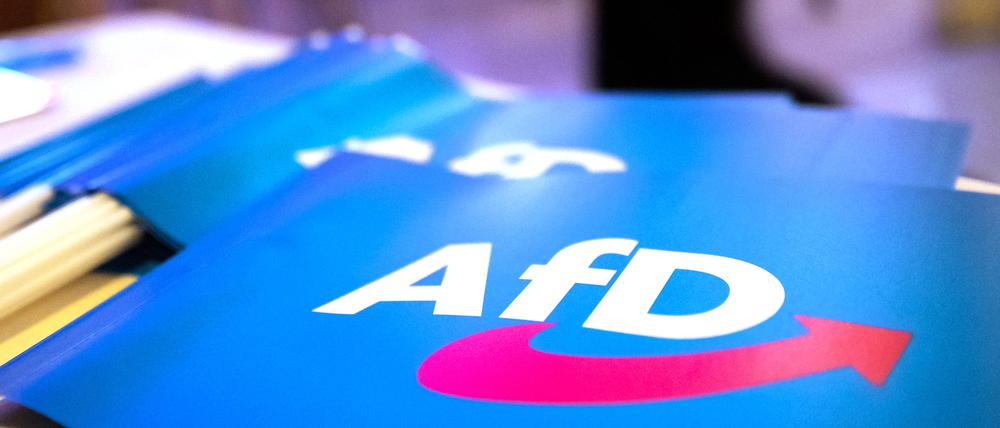 Fähnchen mit dem Logo der AfD liegen auf einem Tisch. 