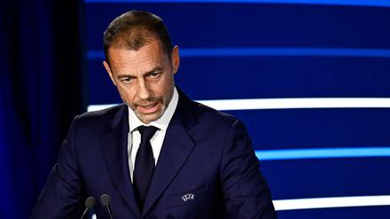 UEFA president Aleksander Ceferin delivers a speech during the 48th UEFA ordinary Congress held at the Maison de la Mutualite in Paris on February 8, 2024. (Photo by JULIEN DE ROSA / AFP)