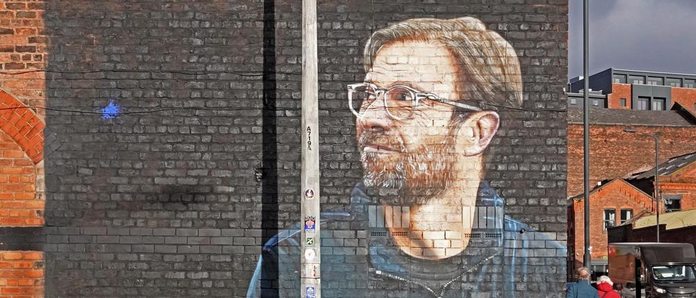 Volksheld. Ein Wandbild von Jürgen Klopp in Liverpool.