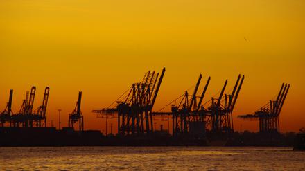 Containerbrücken im Hamburger Hafen bei Sonnenuntergang.