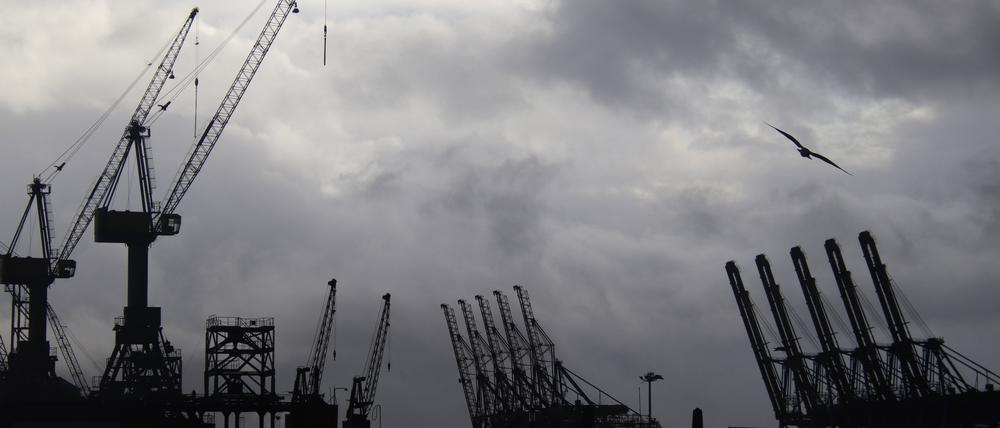 Containerbrücken und Werftkräne im Hamburger Hafen vor einem dunkelgrauen Himmel. 