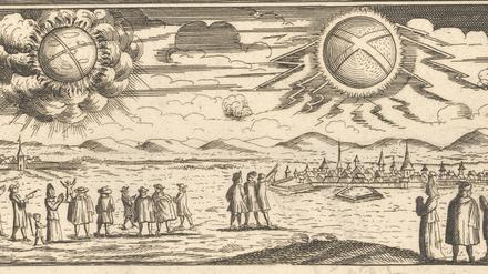 Feuerkugeln am Himmel. Ein Kupferstich von 1697. 