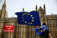 Ein Anti-Brexit-Demonstrant vor dem britischen Parlament in London.