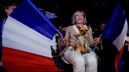 Jubel in blau-weiß-rot: Eine Unterstützerin Marine Le Pens bei einer Wahlkampfveranstaltung.