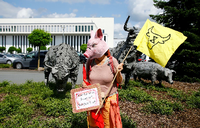 Eine Aktivistin protestiert vor der Tönnies-Fleischfabrik in Rheda-Wiedenbrück.
