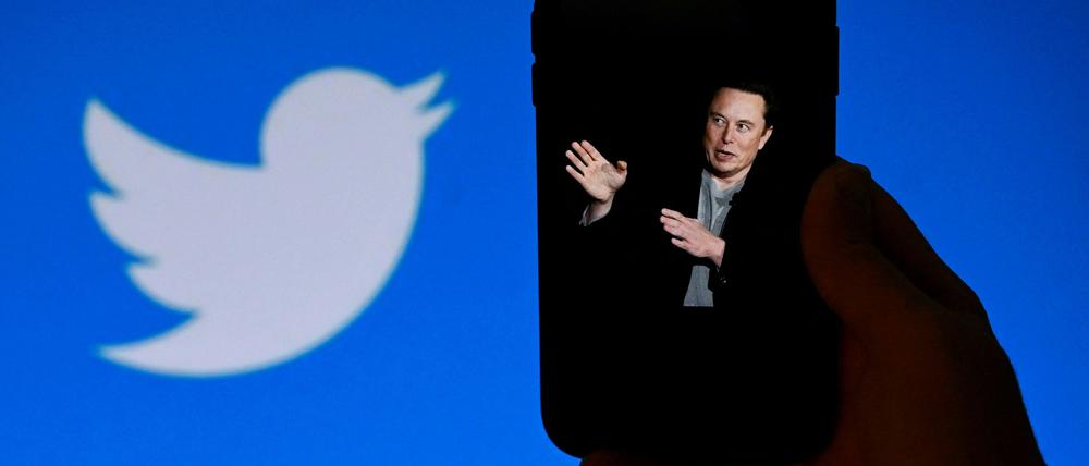 Ein Foto von Elon Musik auf einem Telefondisplay mit dem Twitter-Logo im Hintergrund.