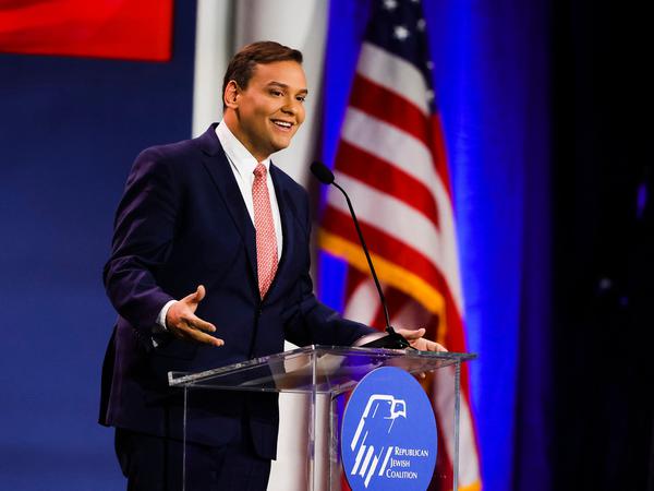US Representative-elect George Santos speaks at the annual Republican Jewish Coalition leadership meeting in Las Vegas, Nevada. 
