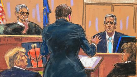 Michael Cohen is cross examined by defense lawyer Todd Blanche before Justice Juan Merchan, as former U.S. President Donald Trump watches during Trump's criminal trial on charges that he falsified business records to conceal money paid to silence porn star Stormy Daniels in 2016, in Manhattan state court in New York City, U.S. May 14, 2024 in this courtroom sketch. REUTERS/Jane Rosenberg 
