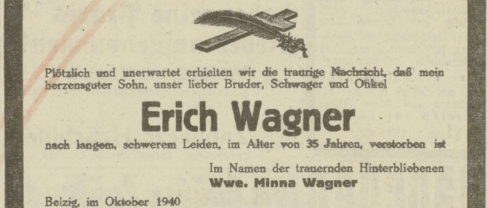 „Plötzlich und unerwartet“ kam der Tod von Erich Wagner nur für seine Familie. Er war zuvor vom Potsdamer „Erbgesundheitsgericht“ zu einer Zwangssterilisation verurteilt worden.