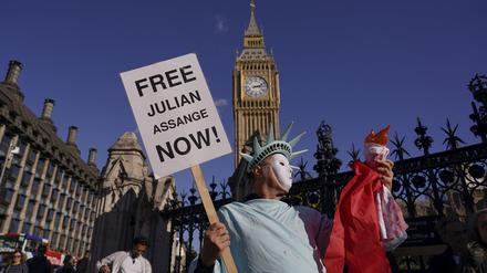 Eine Person demonstriert für die Unterstützung des WikiLeak-Gründers Assange. 