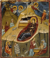 Josef sitzt zweifelnd links unten am Bildrand. Bei ihm ein Hirte im Schaffell. Fresko in der Scheunendachkirche in Galata, Zypern, 15. Jhdt.