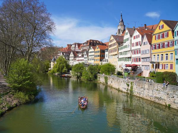 Auf dem Neckar in Tübingen fährt der Stocherkahn bei bestem Frühlingswetter. 