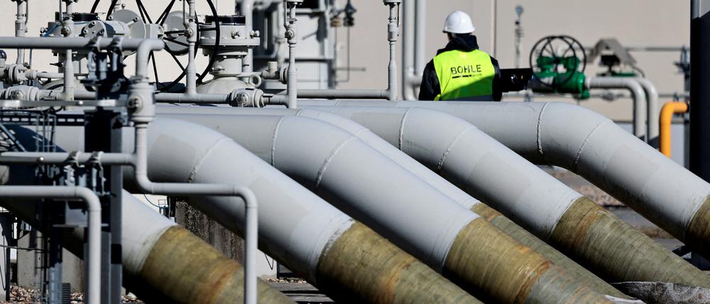Dieses Bild zeigt die Gasleitungen der Pipeline „Nord Stream 1“ in Lubmin.