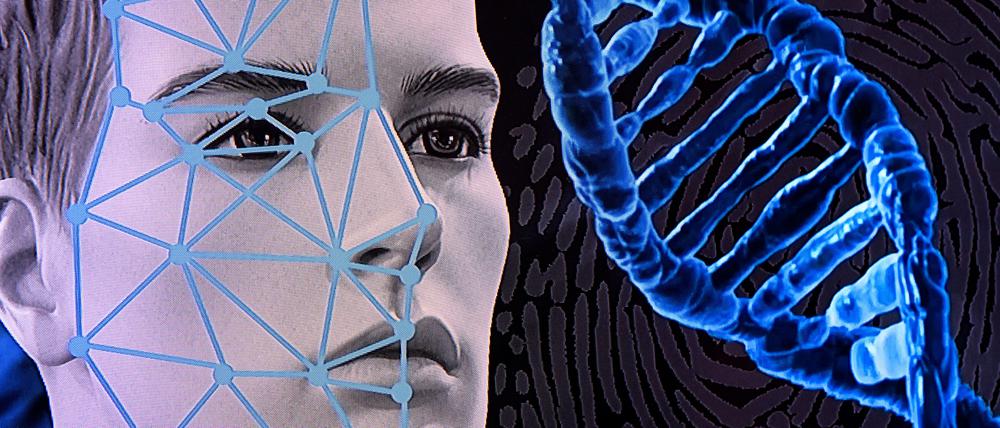 Eine Computergrafik zum Thema Gesichtserkennung (l), eine Darstellung einer DNA-Doppelhelix (M) und ein symbolischer Fingerabdruck (im Hintergrund) sind auf einem Monitor zu sehen. (Symbolbild)