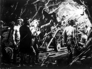 Die zeitgenössische Darstellung zeigt Arbeiter beim Bau des Gotthardtunnels (1872-1882) im Inneren des Berges, in der Mitte der Erbauer, Ingenieur Favre. 
