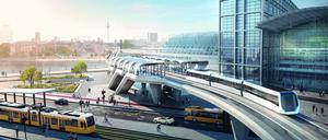 Eine Vision für Berlin – das Transport System Bögl mit Magnetschwebetechnologie, hier mit Haltestelle an der Nordseite des Berliner Hauptbahnhofes. Copyright für das Bild: GRAFT Architekten
