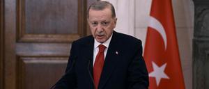 Der türkische Präsident Recep Tayyip Erdogan spricht nach einem Treffen mit dem griechischen Premierminister Kyriakos Mitsotakis während eines offiziellen Besuchs in Griechenland am 7. Dezember 2023 in Athen mit der Presse.