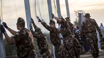 Ungarische Soldaten errichten am 14.09.2015 in Röszke an der Grenze zwischen Serbien und Ungarn einen Zaun. 
