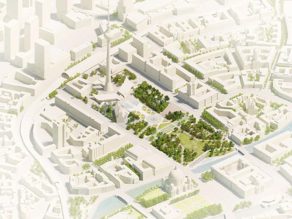 Der Blick von oben auf die künftige Gestaltung des Rathaus- und Marx-Engels-Forums.