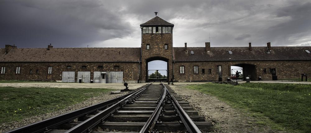 Hauptwache und Zufahrtsschienen, Vernichtungslager Auschwitz II-Birkenau, Auschwitz, Polen, Europa iblfba03937217.jpg